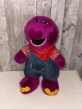 Farmer Barney Plush Toy Denim Overalls Red Bandana Purple Dinosaur 12" Vintage